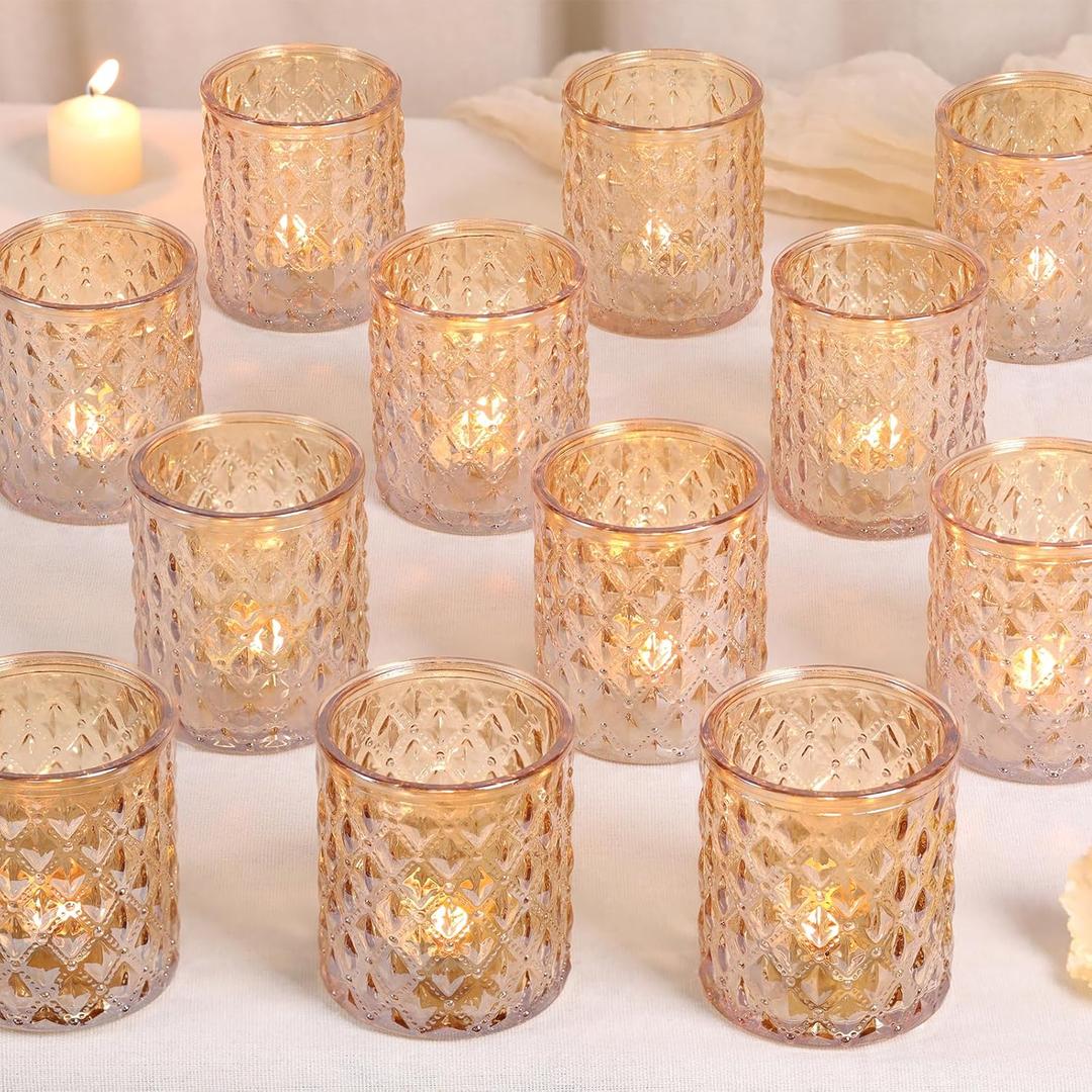 MATAHUM 12 Pcs Large Votive Candle Holders 2.8 * 3.2inch Gold Tea Light Candle Holders Glass Candle Holder for Bridal Shower, Wedding, Table Centerpiece, Party, Home Decor