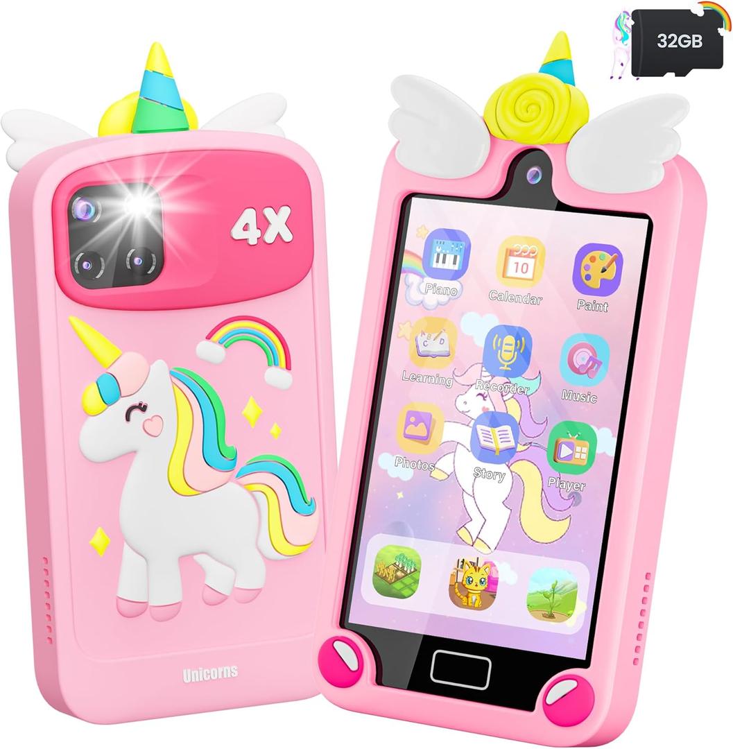 Kids Smart Phone for Girls with 4.0" Large Touchscreen, 32G Card Christmas Birthday Gifts for Age 3-10 Kid Toys Cell Phone with Holographic Pyramid, Toddler Learning Toy, Dual Lens, Music Player(Pink)