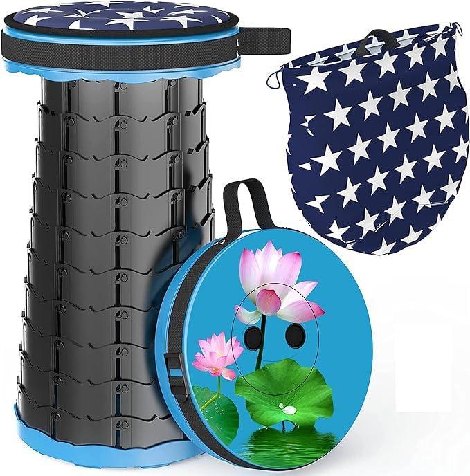 ALEVMOOM Upgraded Portable Collapsible Folding Stool with Cushion Retractable Telescoping Stool for Adults Sturdy Capacity 440lbs Camping Chair for Outdoor Hiking Garden BBQ with Bag (Lotus)