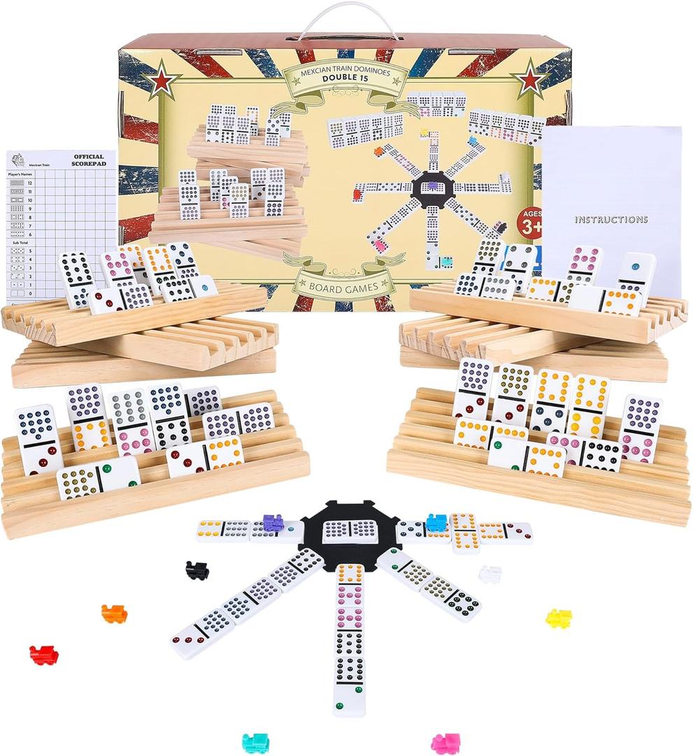 Mexican Train Dominoes Set Double 15, Dominoes Set for Adults and Family, Colored Dot - 136 Tiles in Tin Box, 9 Trains, Hub, 8PCS Wooden Trays