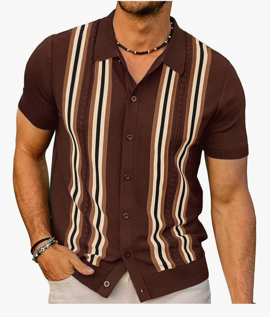 PJ PAUL JONES Mens Polo Shirts Vintage Striped Button Down Knitted Golf Shirts M
