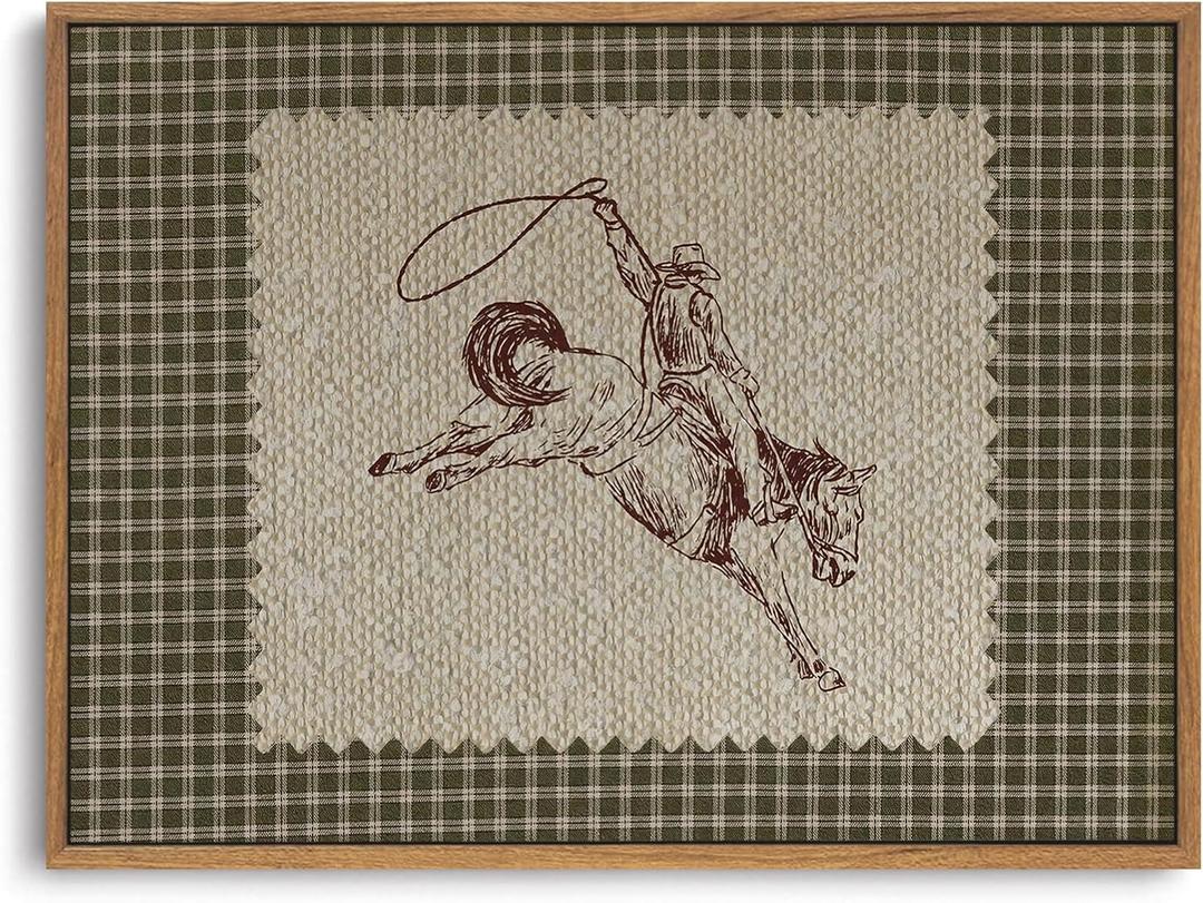 ZZLWBKGL Vintage Western Framed Wall Art Farmhouse Cowboy Canvas Wall Art Retro Gingham Plaid West Stamp Pictures Decor Mid Century Rodeo Art Prints for Living Room Bedroom