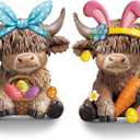 Karenhi 2 Pcs Easter Highland Cow Figurines Bunny Eggs Basket Highland Cow Gnomes Pink Rabbit Scottish Resin Statue Calf Lovers Gifts for Spring Home Kitchen Office Tiered Tray Table Decor