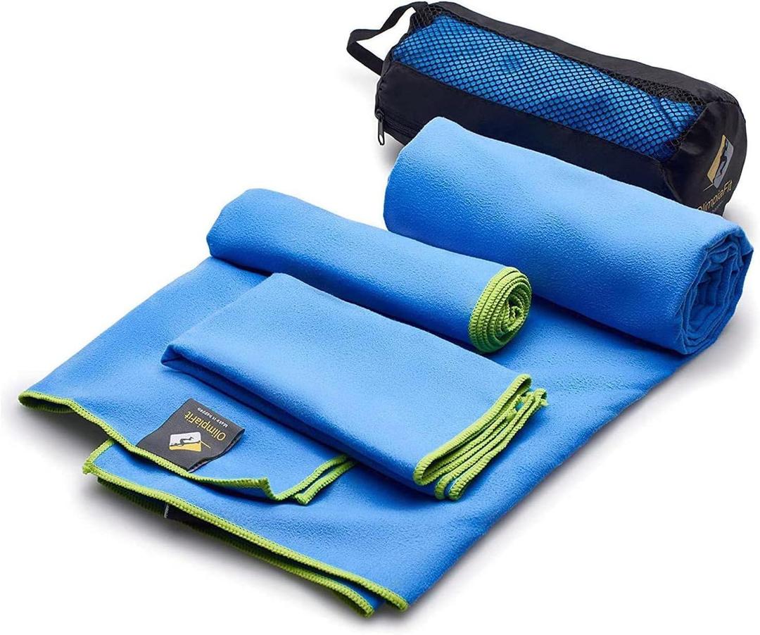 OlimpiaFit Quick Dry Towel - 3 Size Pack of Lightweight Microfiber Travel Towels w/Bag - Fast Drying Towel Set for Camping, Beach, Gym, Backpacking, Sports, Yoga & Swim Use (Blue)