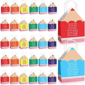 Sweetude 24 Pcs Pencil Shaped Gift Bags Teachers Bags Bulk with Handle Welcome Gift Bag for Students Classroom Party Decorations