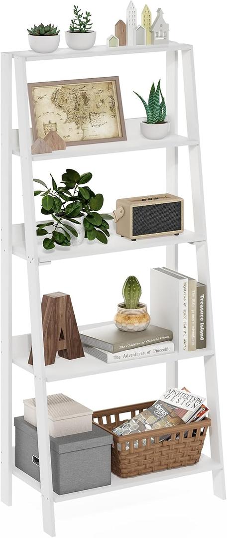 Furinno Ladder Book Shelf, 5-Tier Ladder Shelf, Bookshelf, Display Storage Shelves, 13 x 23.6 x 53.5, for Living Room, Home Office, Plain White