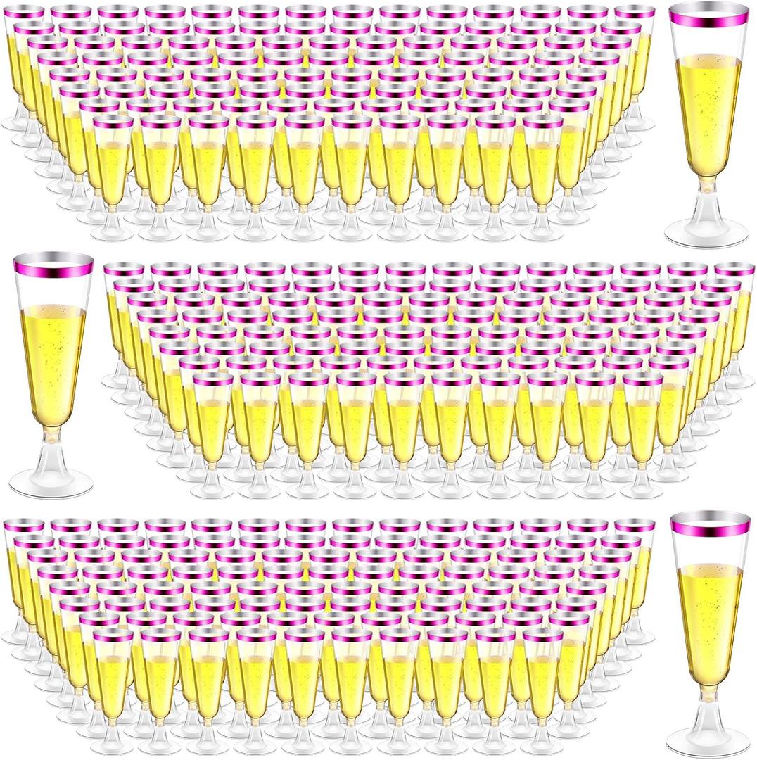 Gerrii 300 Pcs Plastic Champagne Flutes Bulk, 4.5 oz Clear Disposable Champagne Flutes, Rimmed Toasting Glasses for Wedding Birthday Anniversary Celebration Party Wine(Purple Rim)