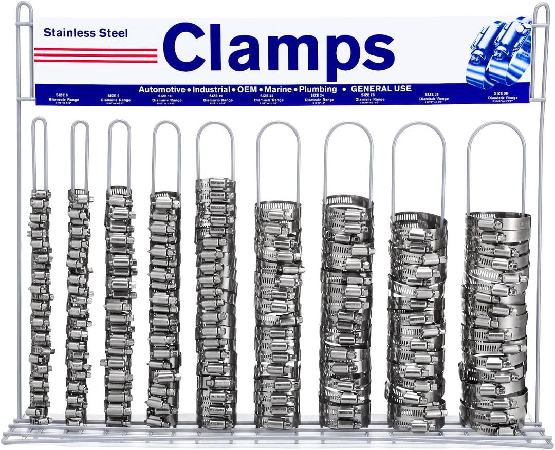 Assortment Hose Clamp Display Automotive Assortment with 1 PC Empty Display Rack 200pcs 304 Stainless Steel Multiple Size Worm Gear Hose Clamp for Fuel Line Plumbing Mechanical Application