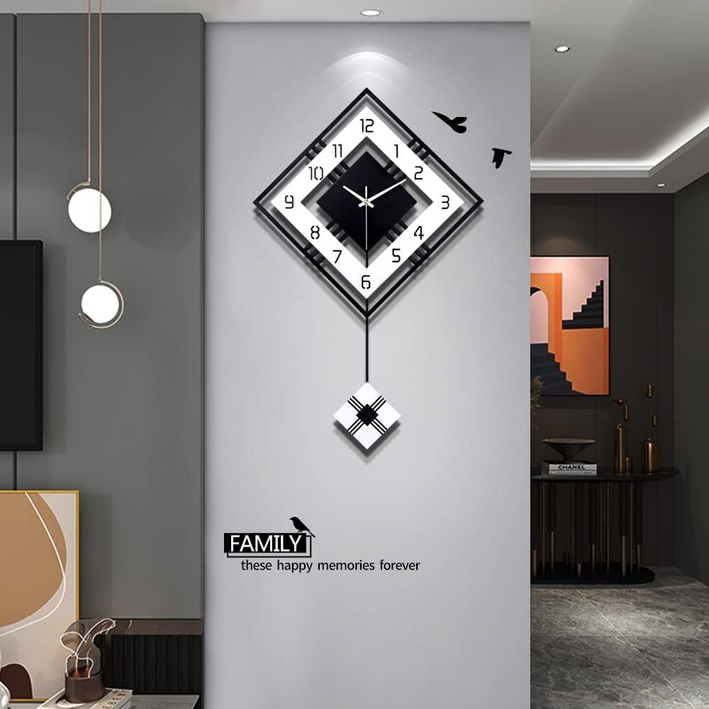 Modern Wall Clock for Living Room Decor Pendulum Large Silent Big Kitchen Wall Clock for Bedroom Black and White Decorative Office Non Ticking Battery Operated Wall Watch 26 Inch