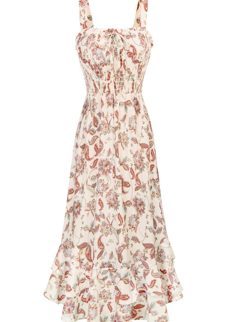 GRACE KARIN Women's 2025 Summer Floral Boho Dress Square Neck Strapped Swing A Line Sundress Beach Long Maxi Outfits Medium, Beige  