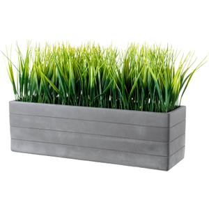 MyGift 14 Inch Artificial Green Grass Plants in Ribbed Dark Gray Concrete Rectangle Planters, Tabletop Faux Greenery in Rectangular Cement Pot Centerpiece Décor