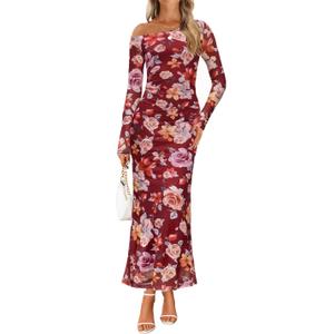 ZESICA Women's Long Sleeve Floral Maxi Dress 2026 Fall Off Shoulder Bodycon Ruched Mesh Cocktail Wedding Guest Dresses (Medium,)