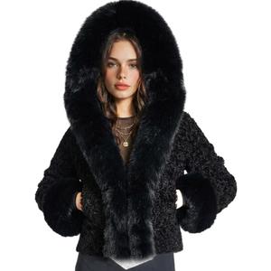 Wyeysyt Women's Faux Fur Coats with Hood Winter Warm Cropped Hoodie Jacket Long Sleeve Thick Short Outerwear with Pockets (Black, M)