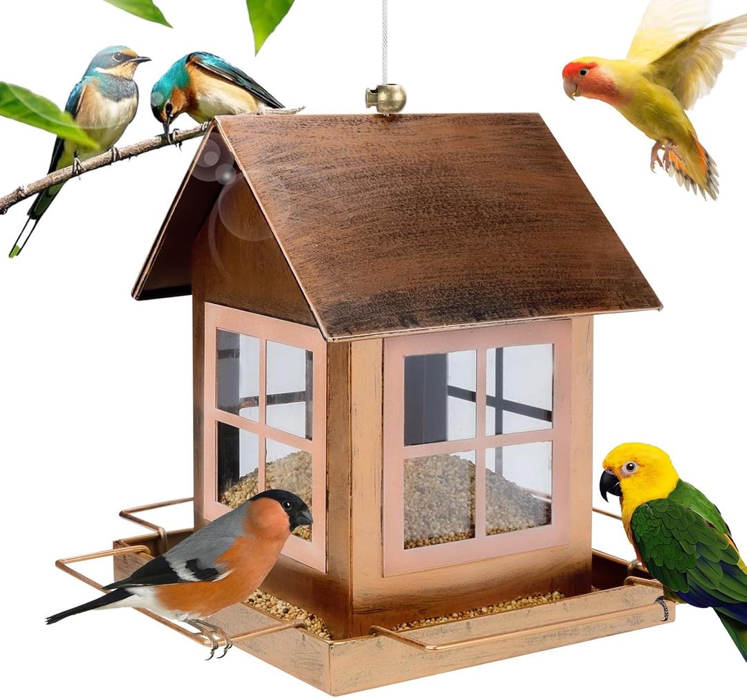 Bird Feeder for Outdoor, Heavy Duty Metal Wild Bird Feeders for Outside Hanging, Country House Shape Birdfeeder for Garden Yard Outside Backyard