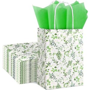 16Pack Green Leaves Paper Gift Bags with Handles, Watercolor Greenery Goodie Treat Bags for Baby Shower Bridal Shower Wedding Green Boho Themed Birthday Party Supplies