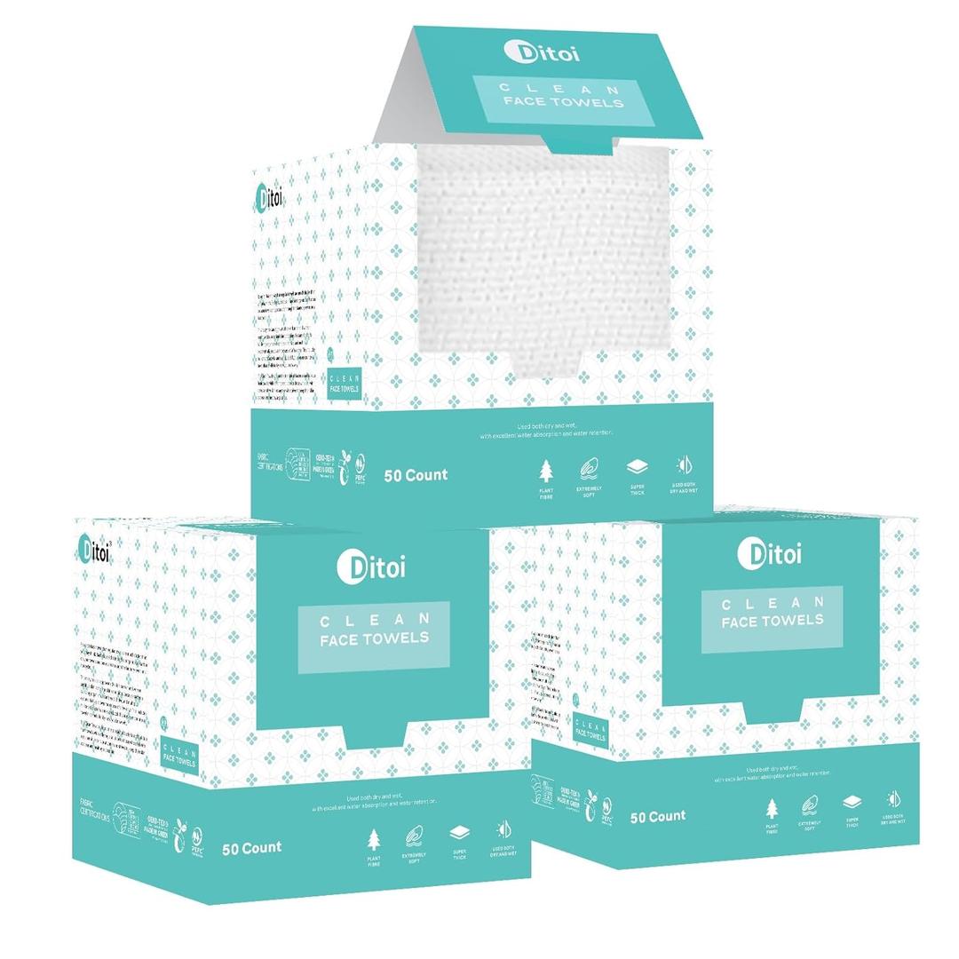 Face Towels, 10"12" Disposable Face Towel, Face Towelettes XL, Ultra Soft Makeup Remover Dry Wipes, Thick Face Towel for Cleansing, 150 Count (3 Pack)