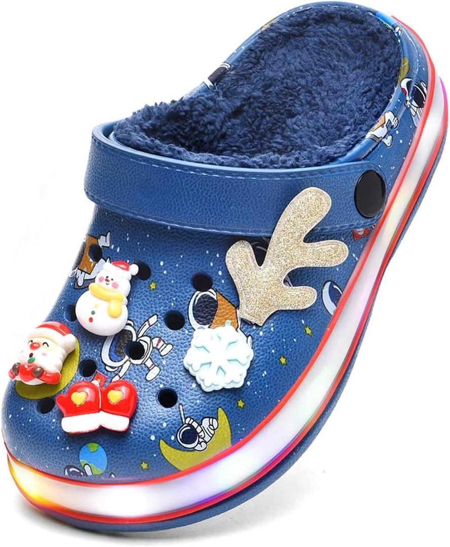 XPKWS Fur Lined Toddler Clogs Kids Slippers Fuzzy Light up Sandals Boys Girls Garden Shoes Winter Warm Cartoon Slides Slip on Lightweight,M Cute Navy,28