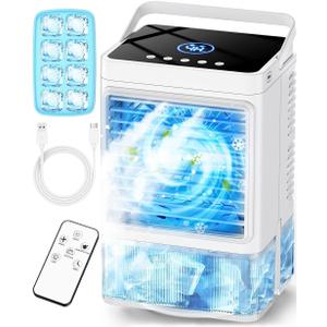 Small Air Conditioner w/ 3 Speeds&3 Modes, Remote, 1100ML Tank Humidifier, 8-Cube Ice Tray, 120 Oscillating, 4 IN 1 Portable Air Conditioners, 7-Color Light, 4H Timer Desk AC Unit for Bedroom