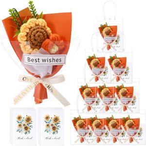 Employee Appreciation Crochet Bouquet Handmade Knitted Artificial Flowers Party Decor a Bunch of Love Cards in Gift Bags for Co-Workers, Boss, or Team Members(10 Sets,Sunflower)