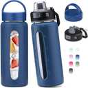 Kodrine 20oz Glass Water Bottle with Straw-2 Lids for Easy Carry with Handle, Silicone Sleeve & Time Marker, Reusable Glass Drinking Bottle for Home,Office,Outdoors, Cupholder Friendly-Blue