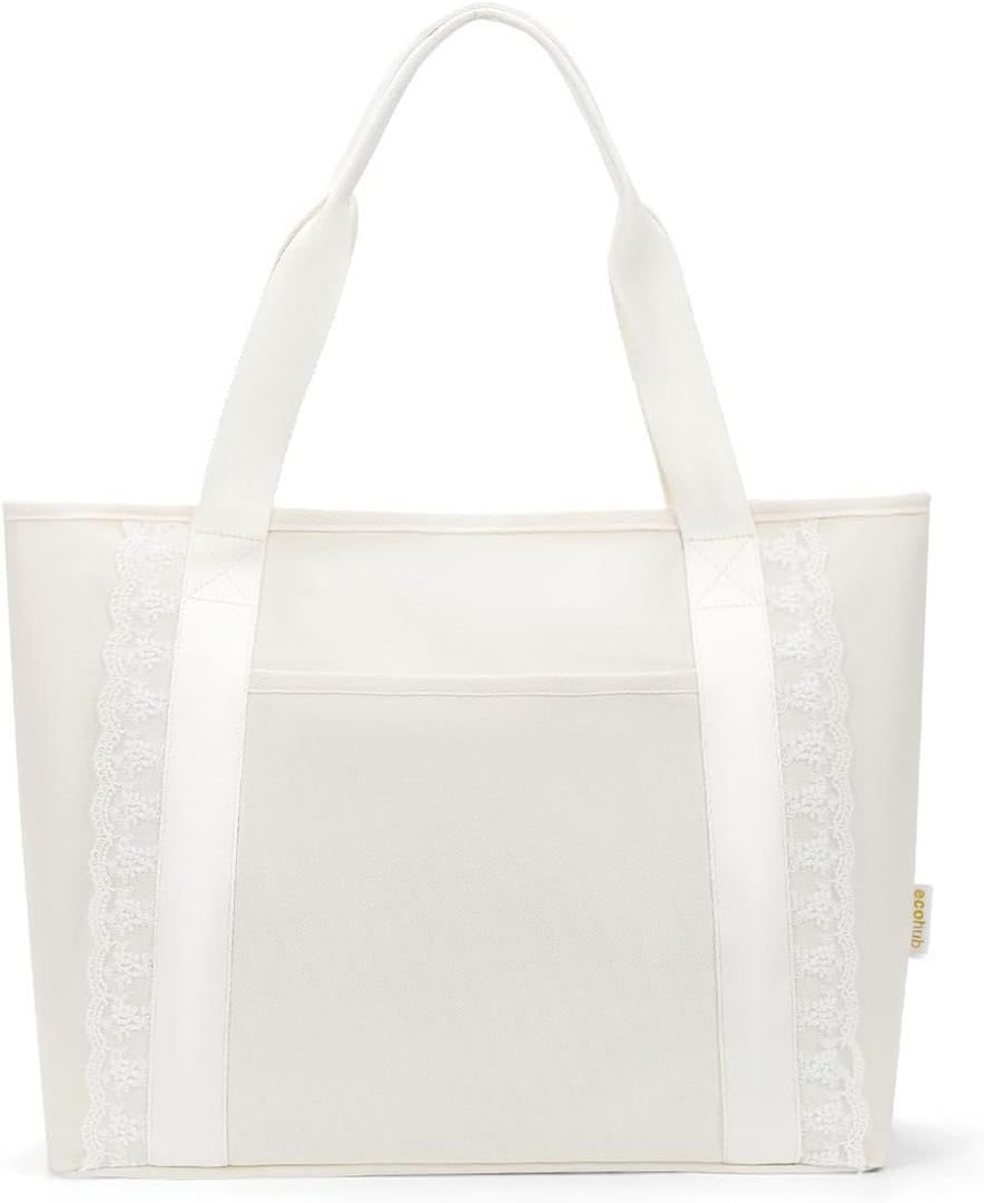 ECOHUB Lace Bows Canvas Tote Bag for Women, Suitable for Birthday, Beach, Wedding, Honeymoon (24L, Beige & Canvas & 24l)