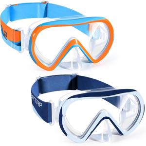 Supertrip Kids Swim Goggles with Nose Cover for Ages 6-14, Tempered Glass Fabric Strap Swimming Snorkel Mask for Pool Beach (A-OrangeBlue+SeaBlue)