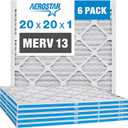 Aerostar 20x20x1 MERV 13 - 6 Count - Pleated HVAC, Furnace & Air Conditioner Filters - Removes Bacteria, Dust, Cold & Flu Germs, Lint, Mold, Pet Dander, Allergy-Causing Pollen, Smog, Smoke & Viruses