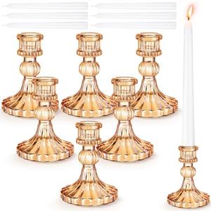 Suclain 12 Pcs Wedding Candlestick Holders Taper Candles Set Clear Glass Candle Holder and White Tapered Candles Dripless Tall Candle Sticks for Wedding Party Table Favor(Gold)