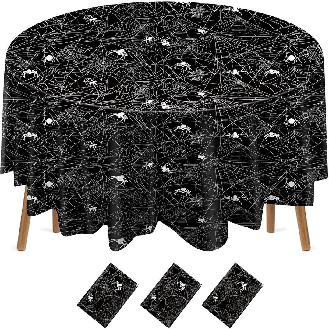 Oudain 3 Pcs Round Halloween Tablecloth 84 Inch Plastic Spider Web Tablecloth Disposable Cobweb Halloween Round Table Cover for Birthday Party Dining Table Decorations Supplies (Black)