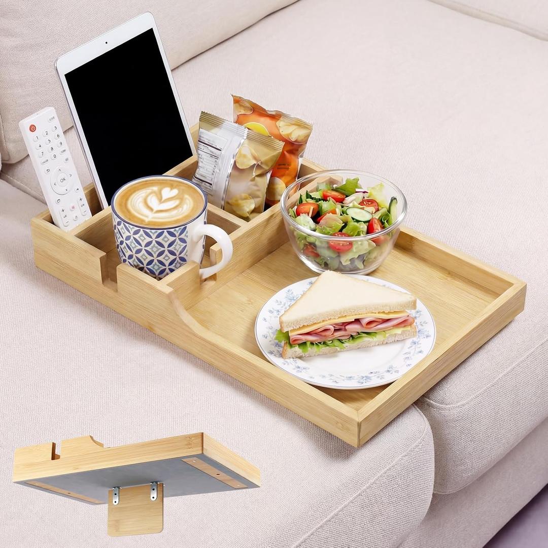 Couch Insert Tray, Bamboo Couch Tray Between Couch Cushions with 4 Compartments 2 Cups Holder, Fit Armless Couch/Sectional, 2-in-1 Fold-Flat Tray for Snacks, Drinks, Remotes, 15.35 x 9.84-inch (Bamboo)