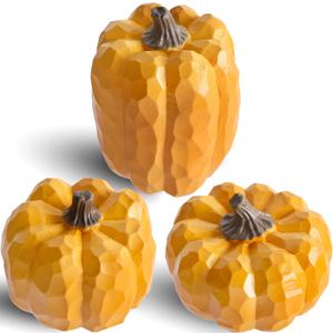 winemana Pumpkins Fall Decorations for Home & Thanksgiving- Set of 3 Artificial Pumpkin Centerpiece for Table Runner, Office, Indoor Mantel & Porch, Autumn Harvest Decor (Yellow)