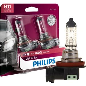 Philips Automotive Lighting H11 VisionPlus Deluxe Upgrade Automotive Replacement Headlight Bulb, for High Beam, Low Beam, and Fog Positions (Pack of 2)