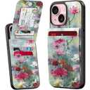 Bemal for iPhone 15 Wallet Case, Built-in Card Holder, Fashion Printed, RFID Blocking, PU Leather Kickstand, Magnetic Closure, Shockproof Phone Cover for Women and Men, Designer Flowers