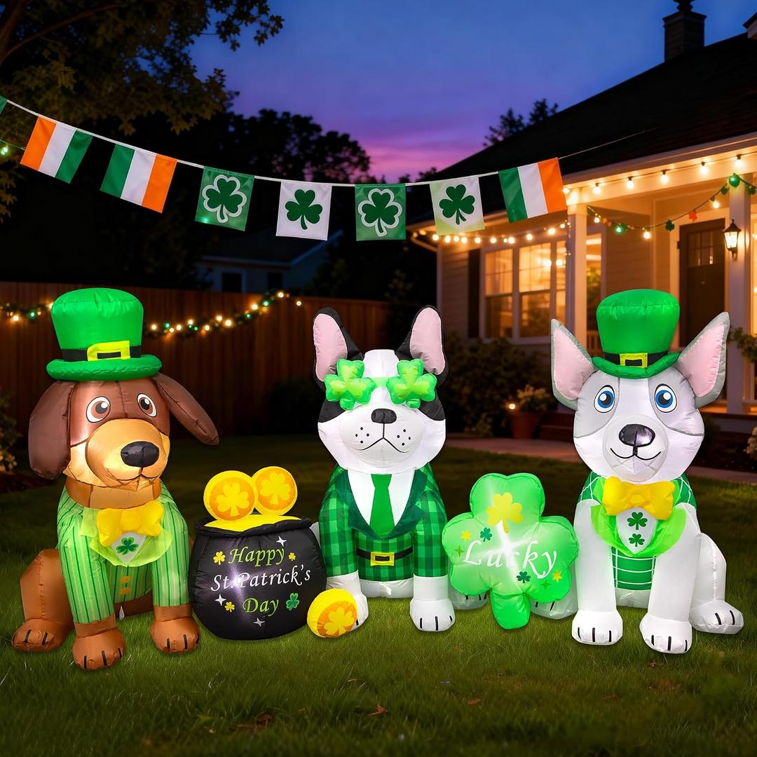 7FT Long St. Patricks Day Inflatables Outdoor Decorations Blow Up Inflatable Yard Decorations with LED Light Spring Green St. Patrick's Cute Dog Shamrock Outside Holiday Party Garden Lawn Decor