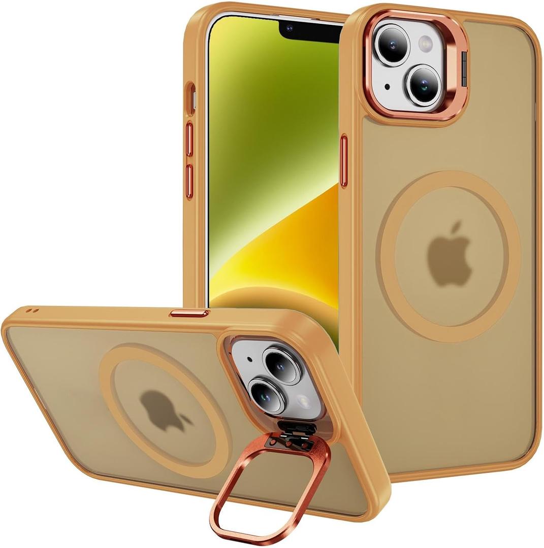 DEERLAMN for iPhone 14/iPhone 13 Case with Stand,[Compatible with Magsafe][Built-in Camera Bracket] Shockproof Drop Protection Slim Translucent Matte Phone Cover for Women Men-Orange