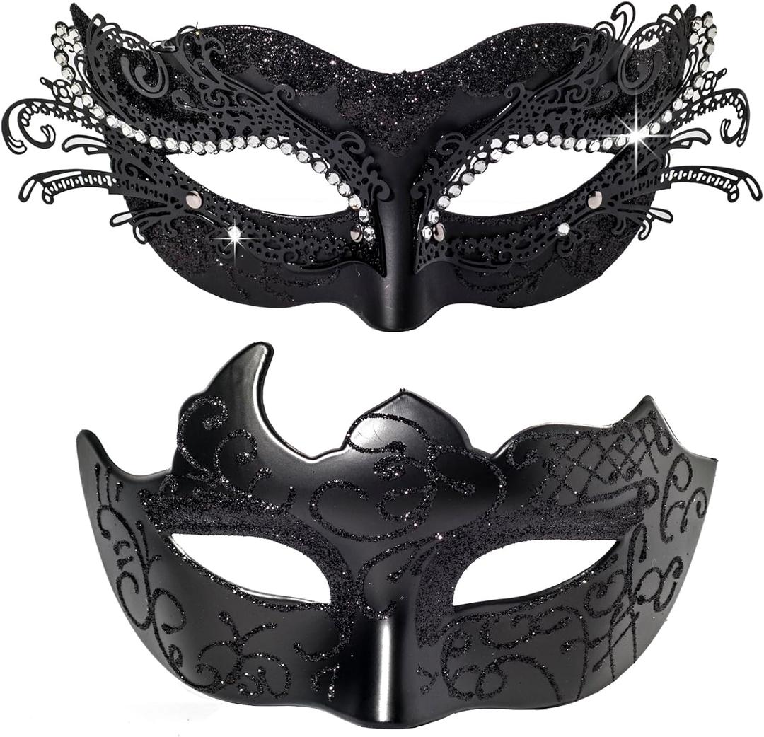 BCARICH Masquerade Masks For Couples, Women Cosplay Mask with Rhinestone and Venetian Style Men Mask for Mardi Gras Halloween (Black)