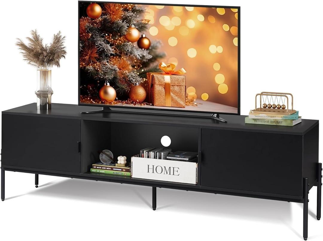 WLIVE Modern TV Stand for 65 Inch TV, Mid Century Entainment Center with Storage, TV Console with Open Shelf and 2 Cabinets for Bedroom and Living Room, TV Cabinet with Metal Legs, Black