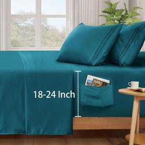 SiinvdaBZX Extra Deep Pocket King Sheets Set - Fits Mattress Up to 24 Inches Thick - 4 Piece Teal Deep Pocket Sheets for Air Mattress - Soft 1800 Thread Count Fitted Sheet with Side Pocket