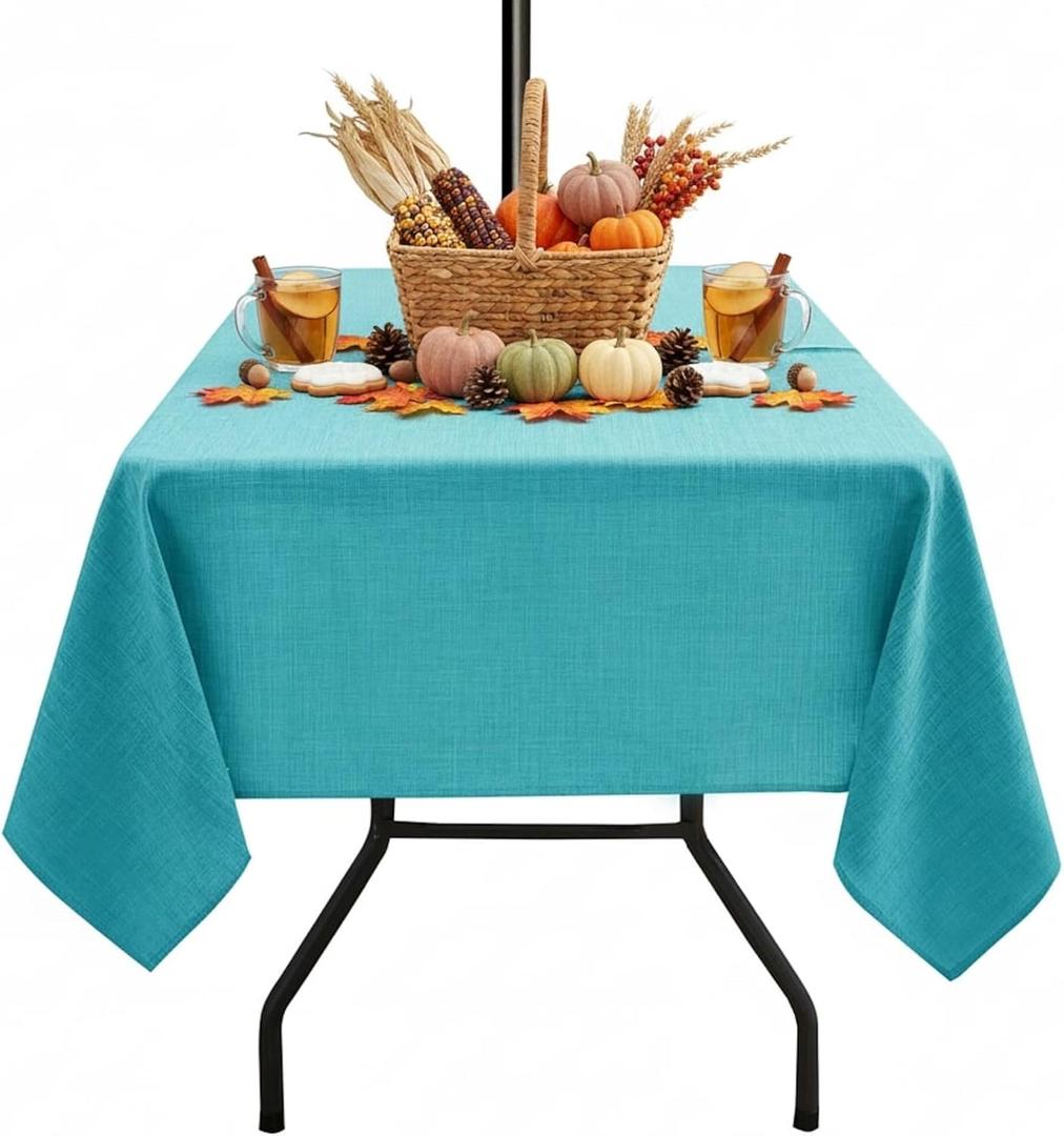 Outdoor Tablecloth with Umbrella Hole - Patio Table Cloth Zippered Square 60x60 Inch, Teal Linen-Look Polyester Table Cover Water Resistant for Picnic Outside