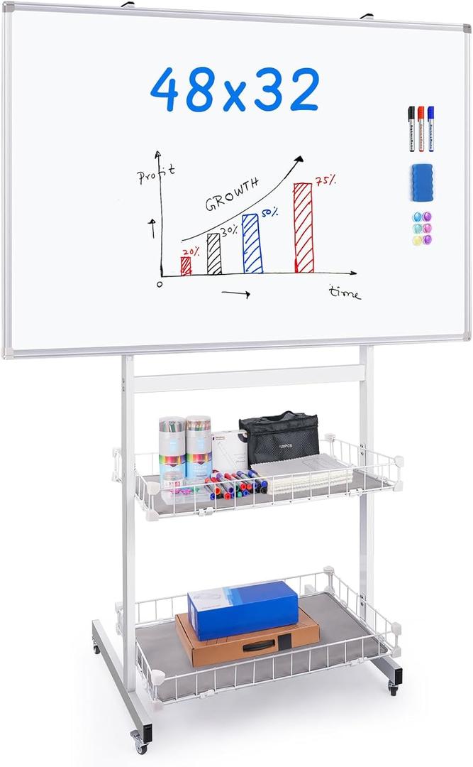 maxtek Rolling Whiteboard, 48x32 Large Magnetic White Board with Stands, Big White Board Dry Erase on Wheels with Baskets for Classroom, Office, Homeschool, Home Office
