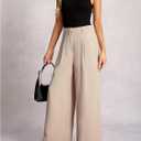 Women's Wide Leg Flowy Dress Pants High Waisted Loose Fit Work Office Trousers (Beige, L)