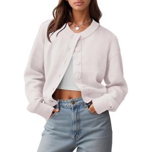 Womens Cropped Cardigan Sweaters 2026 Casual Button Down Knit Fall Outfits (Beige, L)