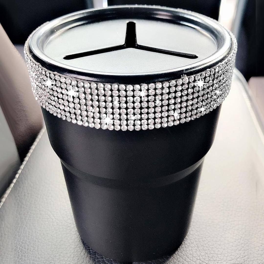 INSTOME Bling Car Trash Can  Stylish Diamond-Studded Mini Trash Bin & Coin Storage Bucket, Leakproof Lid for Cars,SUVs | Fits Cup Holders, Organizes Trash & Change (Red, Car Trash Can)