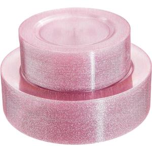 WDF 120pcs Pink Plastic Plates Disposable - Clear Pink Glitter Plates including 60PCS Dinner Plates 10.25inch and 60PCS Salad Plates 7.5inch for Wedding/Baby Shower/Spring/Birthday (Rose Gold Glitter)