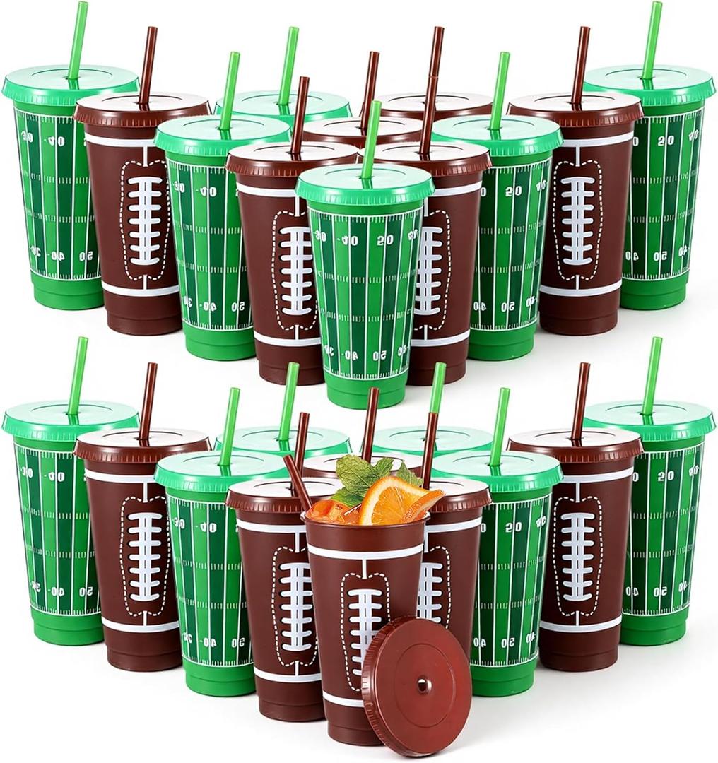 24Pcs 24 oz Football Party Cups with Lids and Straws Reusable Plastic Tumbler Travel Mug Cups for Kids Coach Men Women Football Favors Tailgate Party Sports Game Time Supplies Decorations