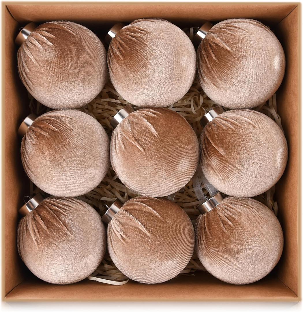 Velvet Ornaments for Christmas Tree Decorations - Brown Xmas Ball Ornament for Indoor Holiday Decor - Shatterproof Christmas Bulbs Ornaments 80mm 3.15inch - Pack of 9