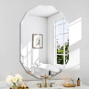 GLASHOM Frameless Oval Bathroom Mirror, 24x36 inch Beveled Wall Mirror