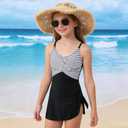 Girls 2 Piece One Piece Swimsuit with Cover Up Quick Dry Adjustable Straps Hollow Out Bathing Suit for 12-13 Years (Black)