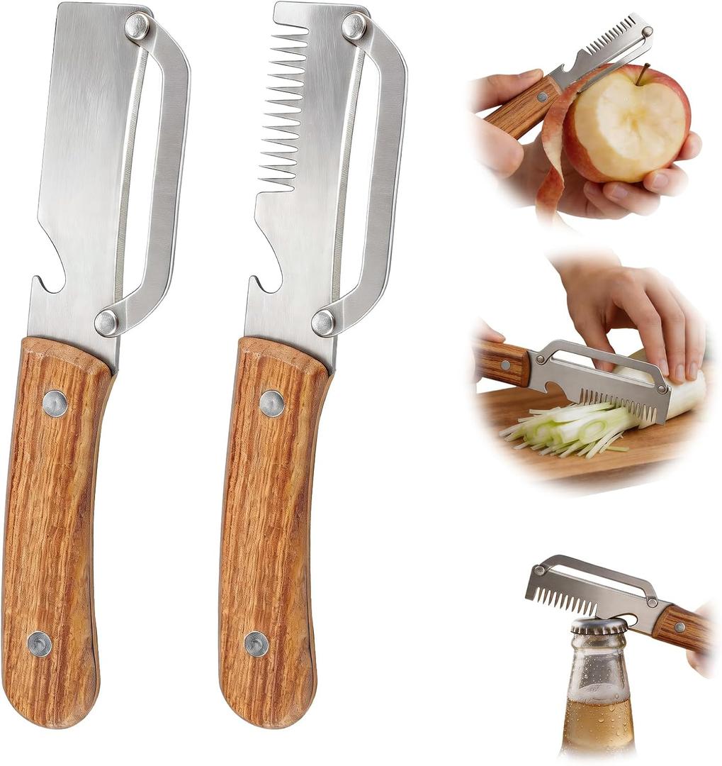 2 x Multifunctional Vegetable Peeler, 3 in 1 Julienne Peeler with Wooden Handle, Vegetable Shredder with Bottle Opener Kitchen Tool for Peeling Veggie Fruit Pineapple Pumpkin Papaya Carrrot(2 Pack)
