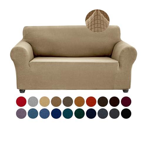 Joccun Stretch Loveseat Couch Cover Slipcover, 1-Piece Sofa Cover for 2 Cushion Couch Spandex Jacquard Washable Furniture Protector Cover for Living Room,Kids,Pets（Loveseat,Tan）